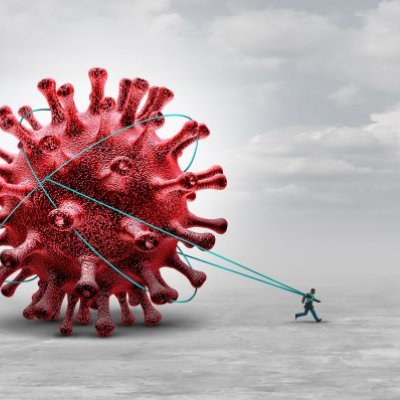 A graphic illustrating a red virus being dragged behind a model of a human being against a grey background. 